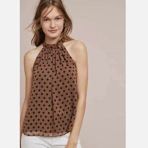 NEW Anthropologie Eri + Ali Palais Polka Dot Swing Blouse Brown Black Women's XS